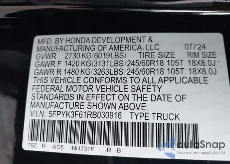 2024 Honda Ridgeline Trailsport z USA, uszkodzony, nr VIN 5FPYK3F61RB030916